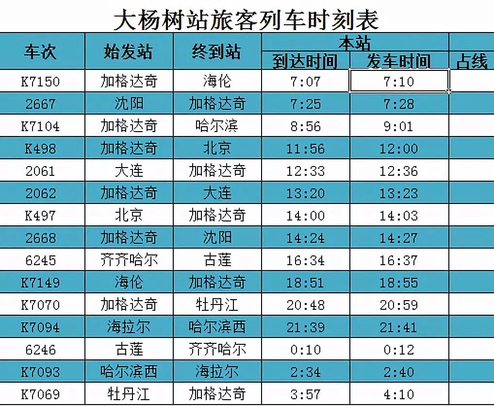 大杨树列车时刻表最新详解